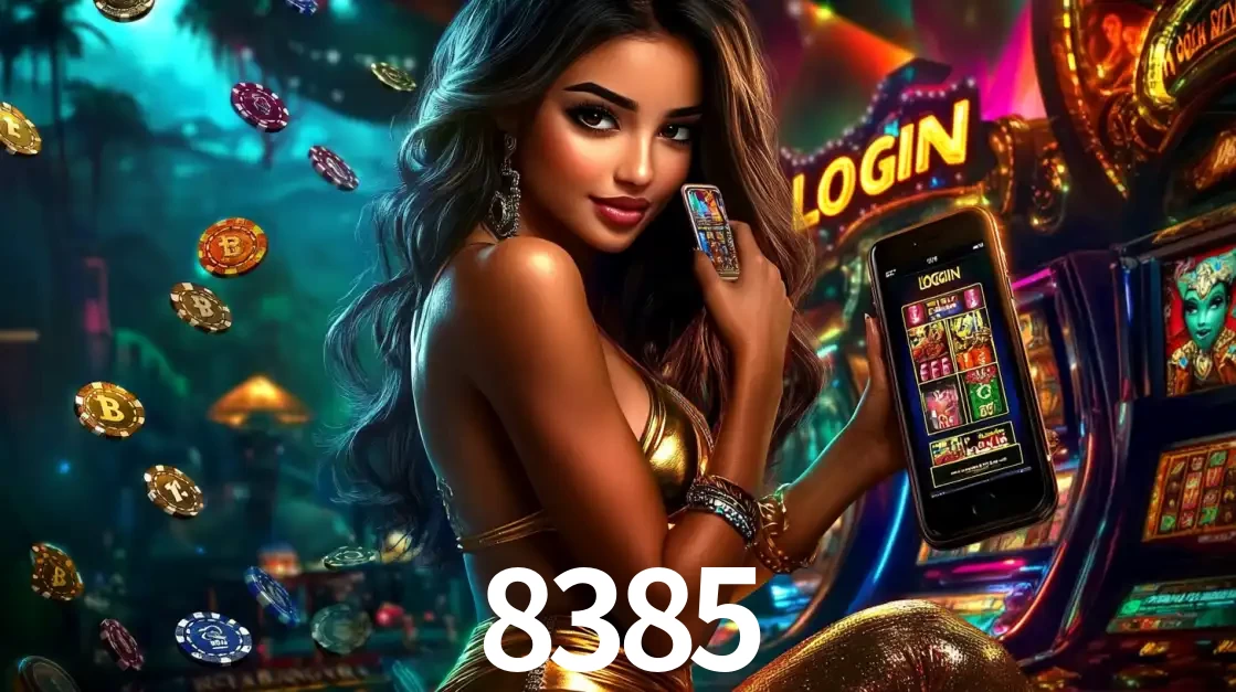 Mulher em um cenário de cassino temático de aventura, mostrando o app de caça-níqueis da 8385 no celular. Fichas de apostas flutuam ao redor.