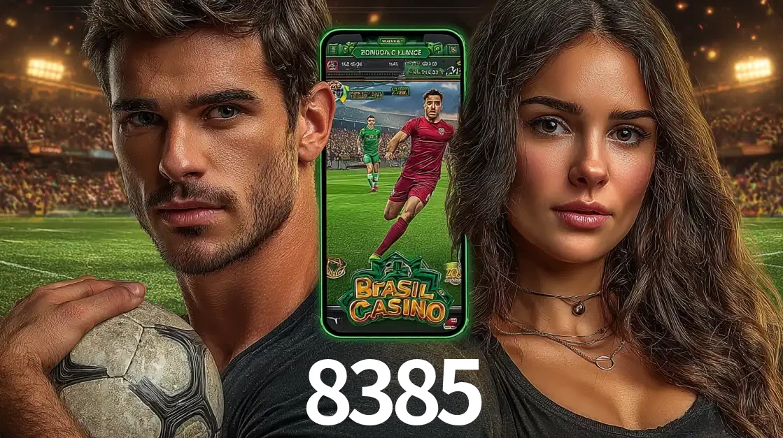 Homem segurando uma bola de futebol e uma mulher ao lado de um smartphone exibindo o jogo de apostas esportivas da 8385. Faça seu palpite no cassino online.